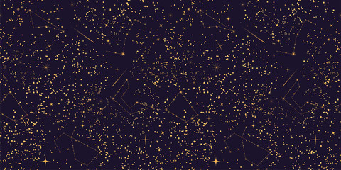 Space seamless pattern. Interstellar space. Vector illustration. Golden stars and constellations on a dark blue background. The beautiful night sky. Could be used for prints, fabric, interior.
