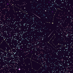 Seamless vector pattern. Starry night sky. Galaxy. Cosmos. Stars and constellations of different colors in outer space. Abstract background. Creative futuristic template for design. Fashionable print - 297757249