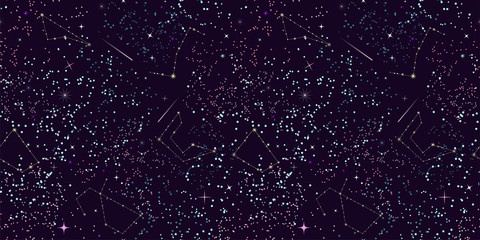 Space seamless vector pattern. A starry night sky. Magic universe. Abstract background. Multi-colored stars, constellations and comets on a dark purple background. Fashionable print, Futuristic design
