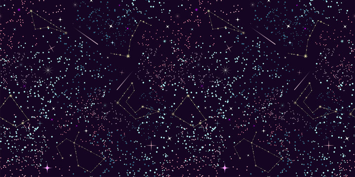 Space seamless vector pattern. A starry night sky. Magic universe. Abstract background. Multi-colored stars, constellations and comets on a dark purple background. Fashionable print, Futuristic design