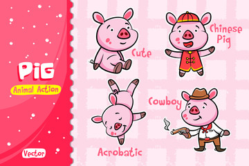 Pig Cartoon Set. Vector Design of Animal Action