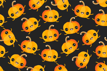 Vector seamless pattern. Cute yellow pumpkins on dark background. Vegetable print. Halloween. Background. Wallpaper. Original design.