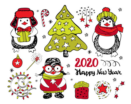 Set of Christmas and new year items and characters. Cute cartoon penguins, Christmas tree, gift. Lettering happy new year. 2020. Hand-drawn illustration in black, red and green. Art line.