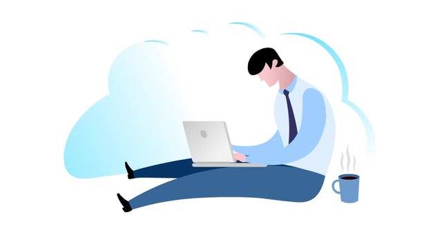 Businessman sitting and working with his laptop and drinking coffee. Business cartoon style. Flat vector design on white background. Cloud in background. Good for illustration of economic process.