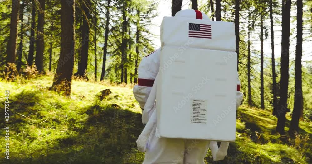 Wall mural astronaut has find a new planet similar to earth with nature and forests