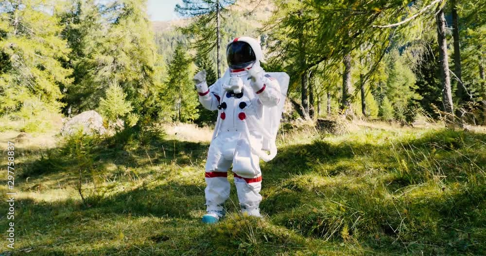 Wall mural astronaut has find a new planet similar to earth with nature and forests