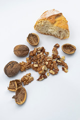 Freshly harvested organic wallnuts and bread, white background.