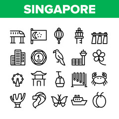 Singapore Collection Traditional Icons Set Vector Thin Line. Flag And Scyscraper, Crab And Parrot, Butterfly And Train, Singapore Concept Linear Pictograms. Monochrome Contour Illustrations