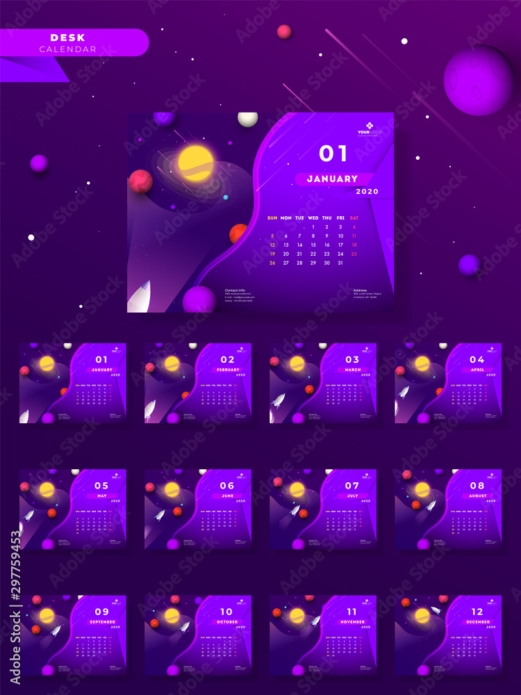 Poster 2020 yearly desk calendar design with universe and rocket on purple background.