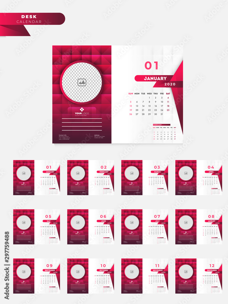 Poster 2020 yearly desk calendar design with space for your image on red and white leather pattern backgrou