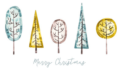 Watercolor christmas trees in naive childish style, greeting banner decoration. Merry christmas and happy new year aqarelle poster, nursery drawing