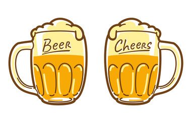 Big beer mugs. Vector illustration of two glasses with beer.  Vector image