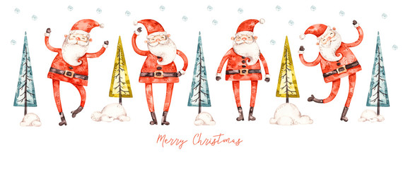 Watercolor santa claus and christmas tree in naive childish style, greeting banner decoration. Merry christmas and happy new year aqarelle poster isolated on white background