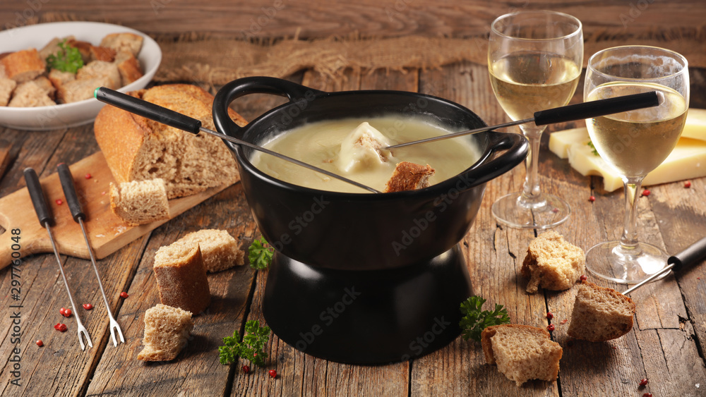 Canvas Prints cheese fondue with wine and bread, top view