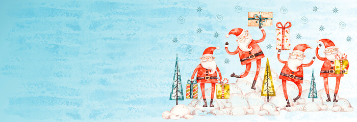 Watercolor santa claus with gifts and christmas tree in naive childish style, greeting banner decoration. Merry christmas and happy new year aqarelle poster