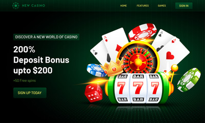 Web banner or poster design with 3d casino elements such as slot machine, roulette machine, chips, crown and playing cards on green background.