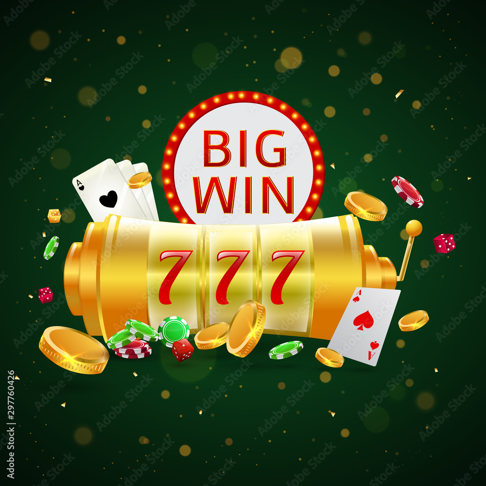 Sticker Big Win text in marquee frame with roulette wheel, poker chips and playing cards on green bokeh background for Casino.