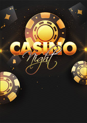 Casino Night template or flyer design with poker chips and playing cards decorated on black wavy stripe pattern background.
