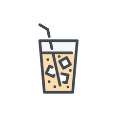Ice tea glass with straw color line icon. Glass of cold coffee with ice cubes vector outline colorful sign.