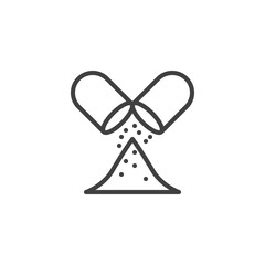 Open Capsule Pill line icon. linear style sign for mobile concept and web design. Medicine capsule pill with powder outline vector icon. Symbol, logo illustration. Vector graphics