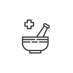Mortar and pestle line icon. linear style sign for mobile concept and web design. Pharmaceutical medicine outline vector icon. Symbol, logo illustration. Vector graphics