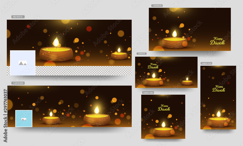 Poster website header, poster or template design with illuminated oil lamps (diya) on brown bokeh backgroun