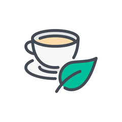 Cup of tea with tea leaf color line icon. Herbal tea cup with plate vector outline colorful sign.