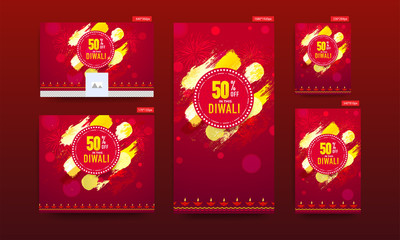Diwali Sale poster and template or flyer design with 50% discount offer and brush stroke effect on red fireworks background.