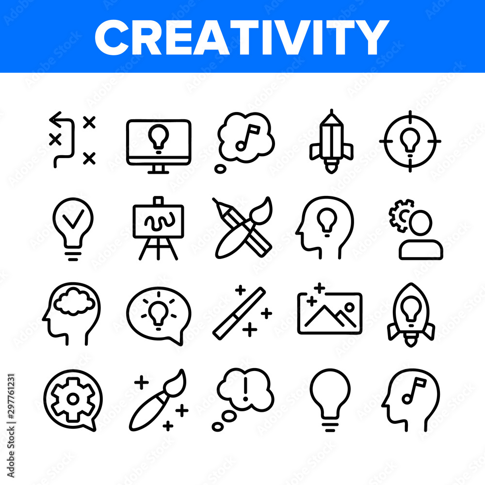 Aufkleber creativity collection elements icons set vector thin line. brainstorming and idea, lightbulb in huma