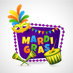Colorful text of Mardi Gras on purple frame decorated with bunting flags, mask and musical instrument illustration on white background.