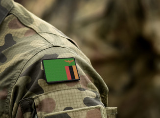 Flag of Zambia on military uniform. Army, troops, soldiers, Africa (collage).