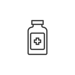 Medicine bottle line icon. linear style sign for mobile concept and web design. Medication bottle with medical cross outline vector icon. Symbol, logo illustration. Vector graphics