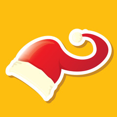 vector red funky Santa Claus hat sticker icon or label isolated on orange background. merry christmas design element for banners and geeting cards