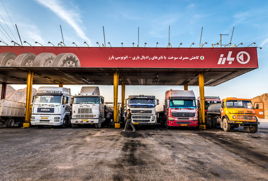 Isfahan, Iran - October 19, 2016: A trucks row while refueling at a gas station in Isfahan Province
