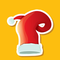 vector red funky Santa Claus hat sticker icon or label isolated on orange background. merry christmas design element for banners and geeting cards