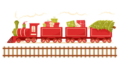 Christmas train carries a Christmas tree. Christmas toy locomotive for holiday cards, tags and greeting cards - 297762455