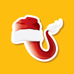 vector red funky Santa Claus hat sticker icon or label isolated on orange background. merry christmas design element for banners and geeting cards