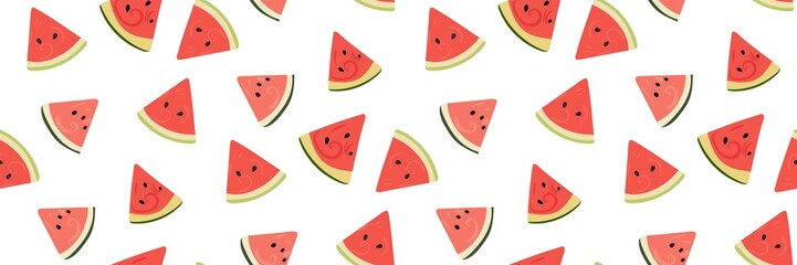 Seamless pattern with fresh red watermelon slices isolated on white background. Summer concept, harvesting, healthy food... Cute fruit print. Simple modern design. Vector drawn illustration.