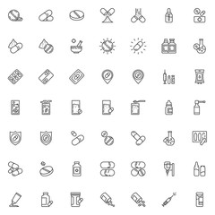 Medicine pills line icons set. Medical drugs linear style symbols collection, outline signs pack. vector graphics. Set includes icons as Vaccine bottle, Medical syringe injection, capsule tablets