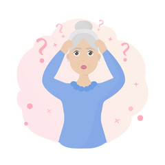 Vector illustration: old woman with Alzheimer's disease. Brain disease, dementia concept.