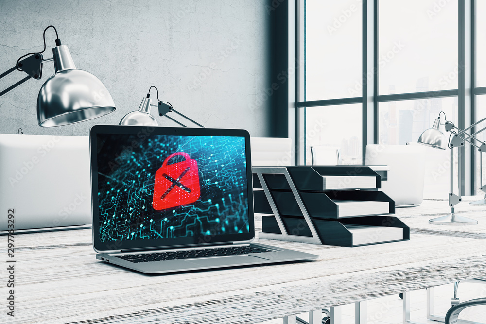Poster desktop interior with computer, table and chair. lock icon drawing on screen. 3d rendering.