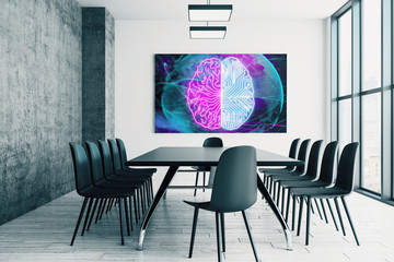 Conference room interior with human brain drawing on screen on the wall. Brainstorm concept. 3d rendering.