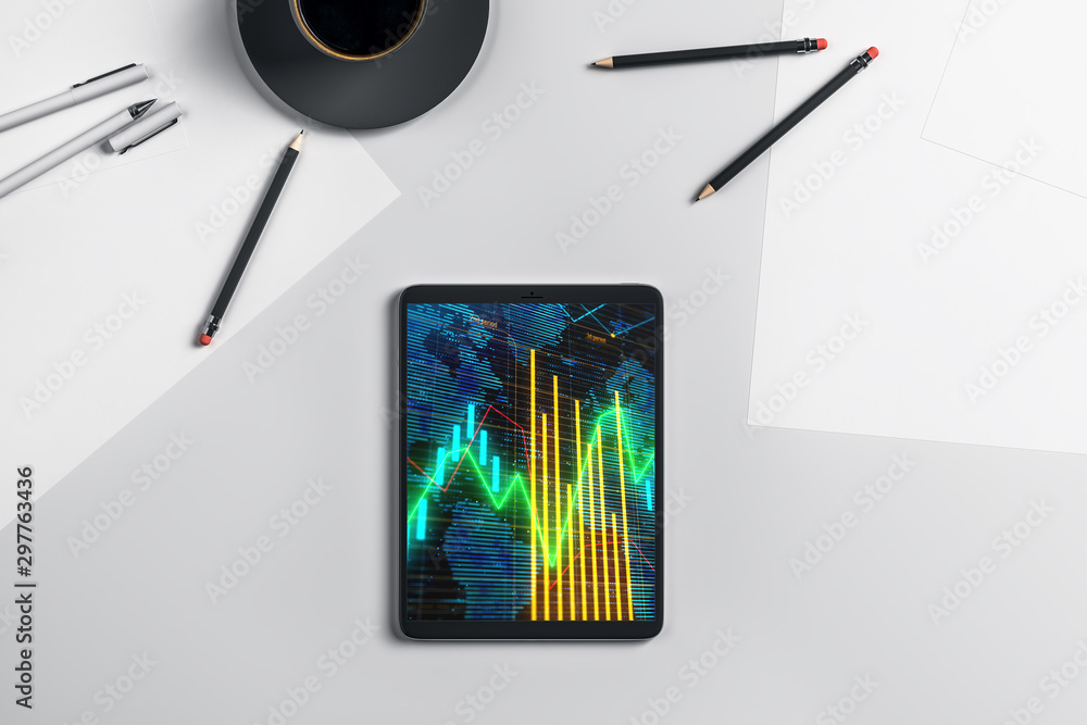 Aufkleber digital tablet closeup top view with financial graph and partial world map on screen. online interna