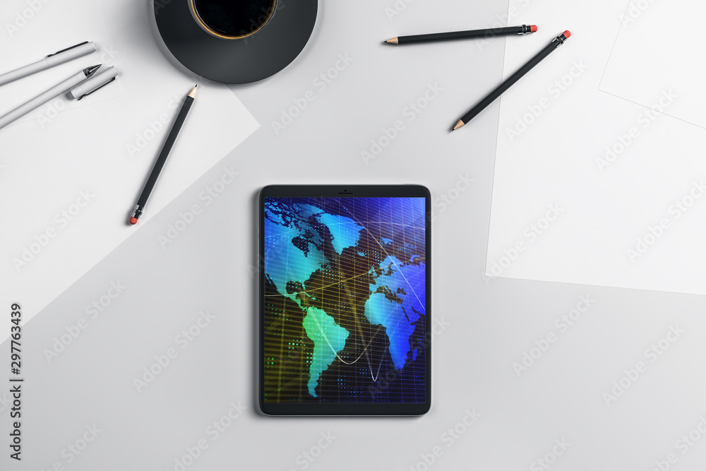 Poster digital tablet closeup top view with world map on screen. online international trading concept. 3d r