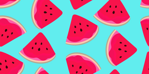 Seamless abstract pattern with watermelon slices on bright turquoise background. Vector. Minimalistic modern retro design. Fashion print Wallpaper