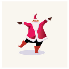 Funny happy Santa Claus character with gift, bag with presents, waving and greeting. - 297764447