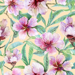 Beautiful peach tree twigs in bloom on yellow background. Lilac flowers and green leaves. Spring blossom. Seamless floral pattern. Watercolor painting. Hand drawn illustration.