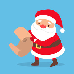 Happy funny Santa Claus in red clothes holding gift list