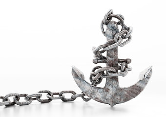 Rusty metal anchor and chain isolated on white background. 3D illustration © Destina