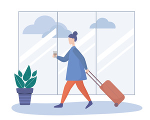 Girl with a suitcase and coffee in hand at the airport on the background of windows. Vector flat illustration
